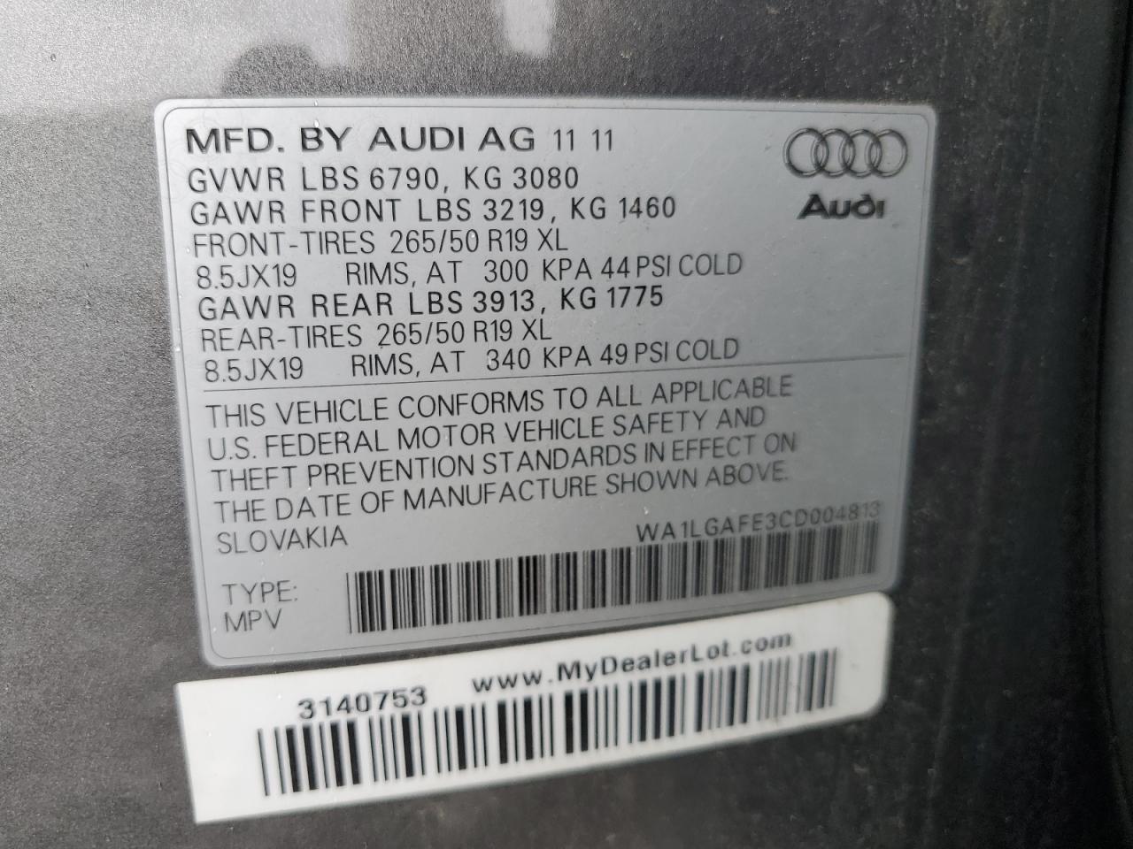 2012 Audi Q7 Premium Plus VIN: WA1LGAFE3CD004813 Lot: 62400264