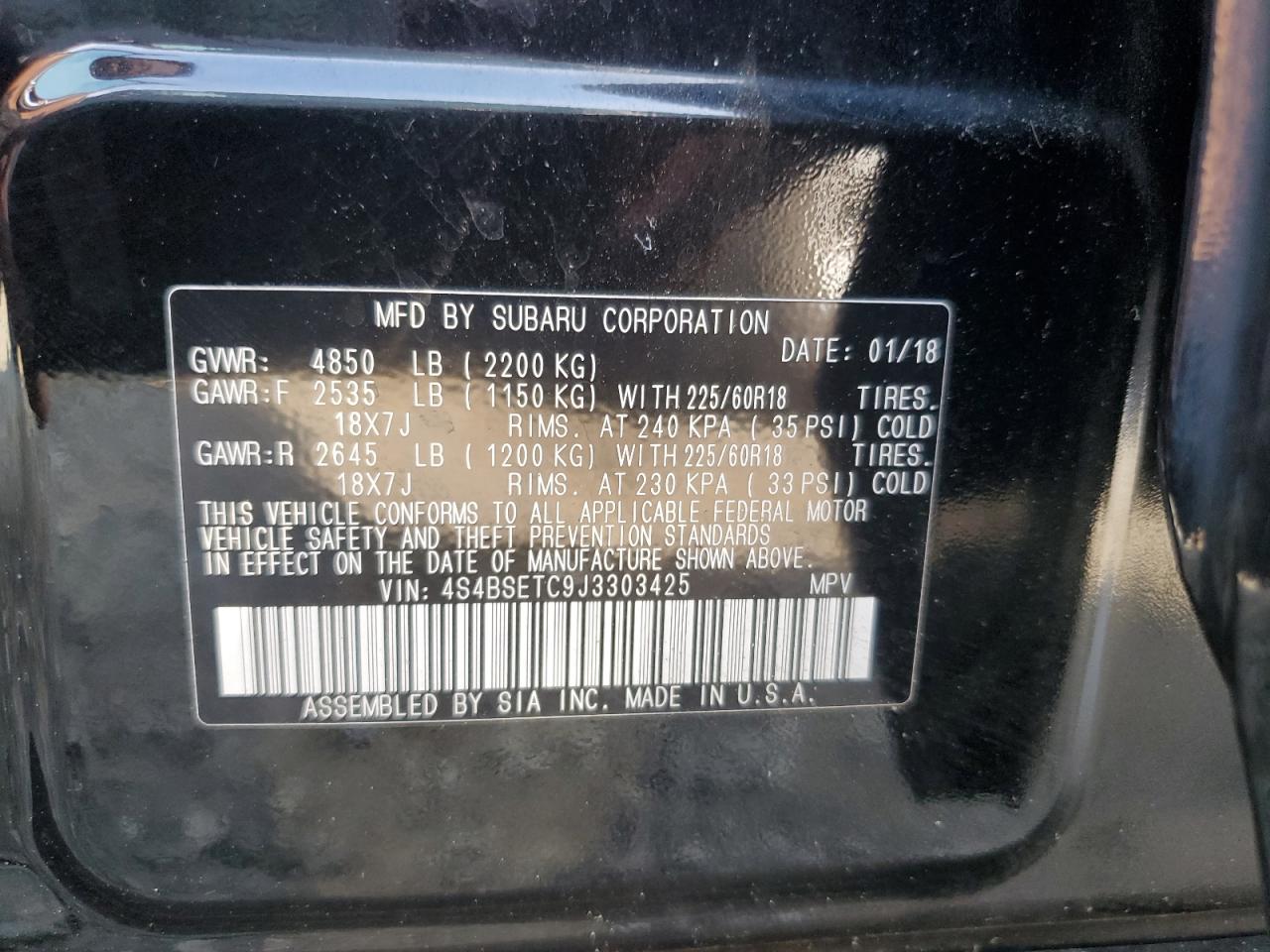 2018 Subaru Outback Touring VIN: 4S4BSETC9J3303425 Lot: 62418214