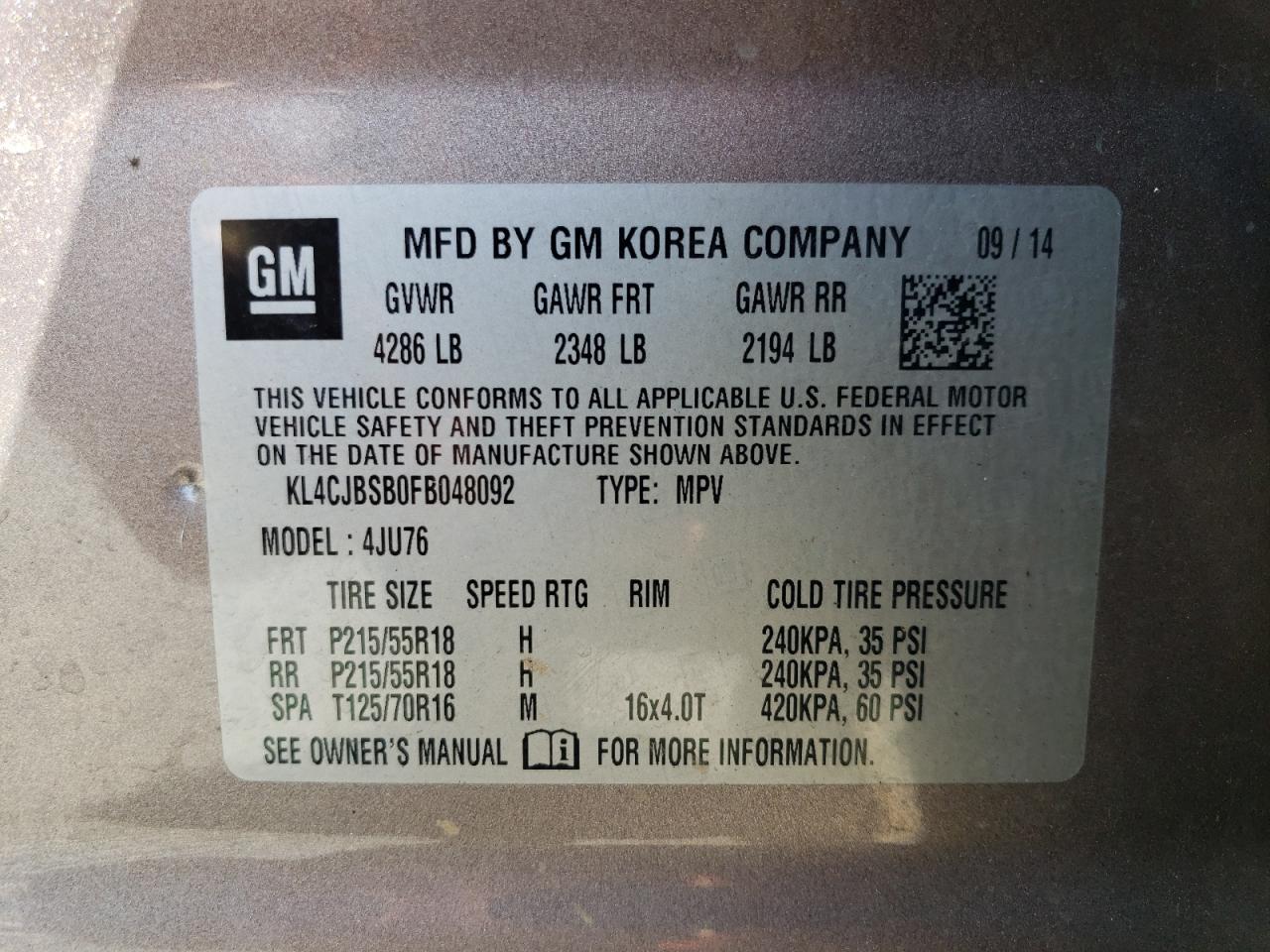 2015 Buick Encore Convenience VIN: KL4CJBSB0FB048092 Lot: 61986404