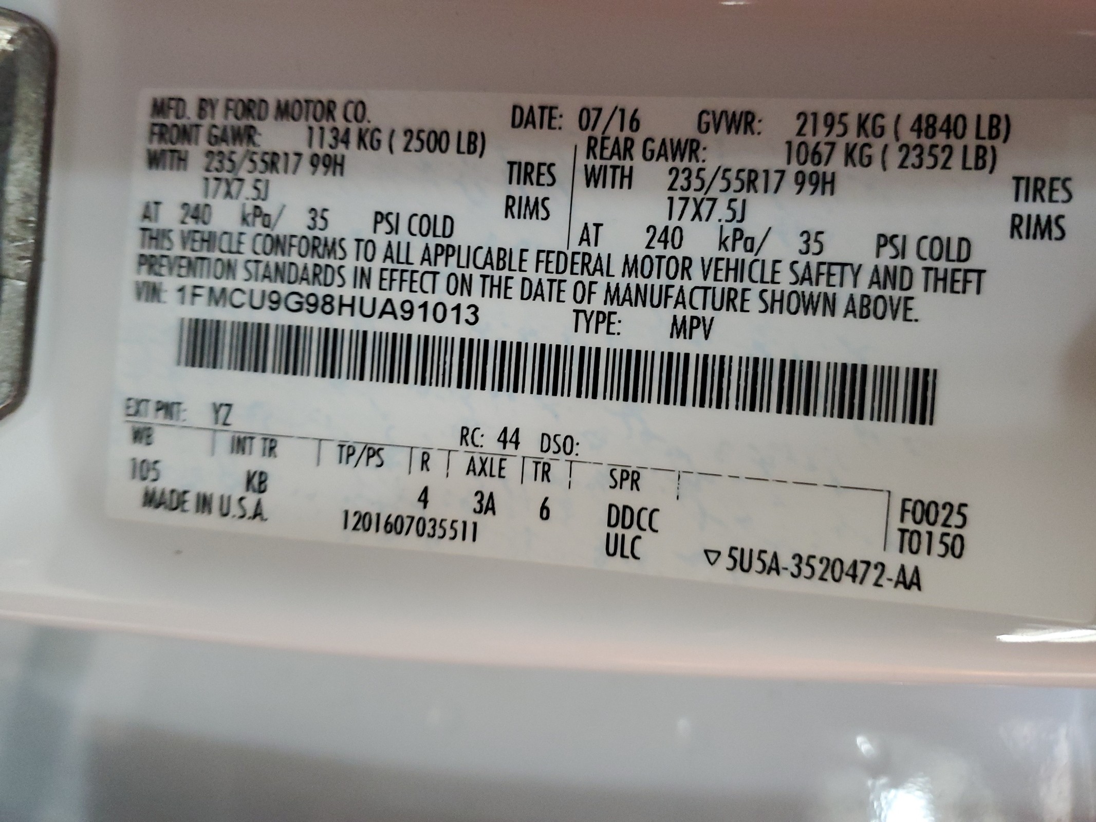 1FMCU9G98HUA91013 2017 Ford Escape Se