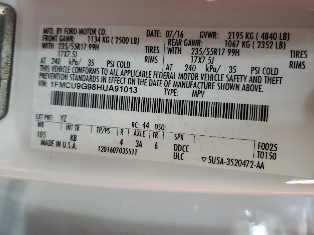 2017 Ford Escape Se VIN: 1FMCU9G98HUA91013 Lot: 62284314