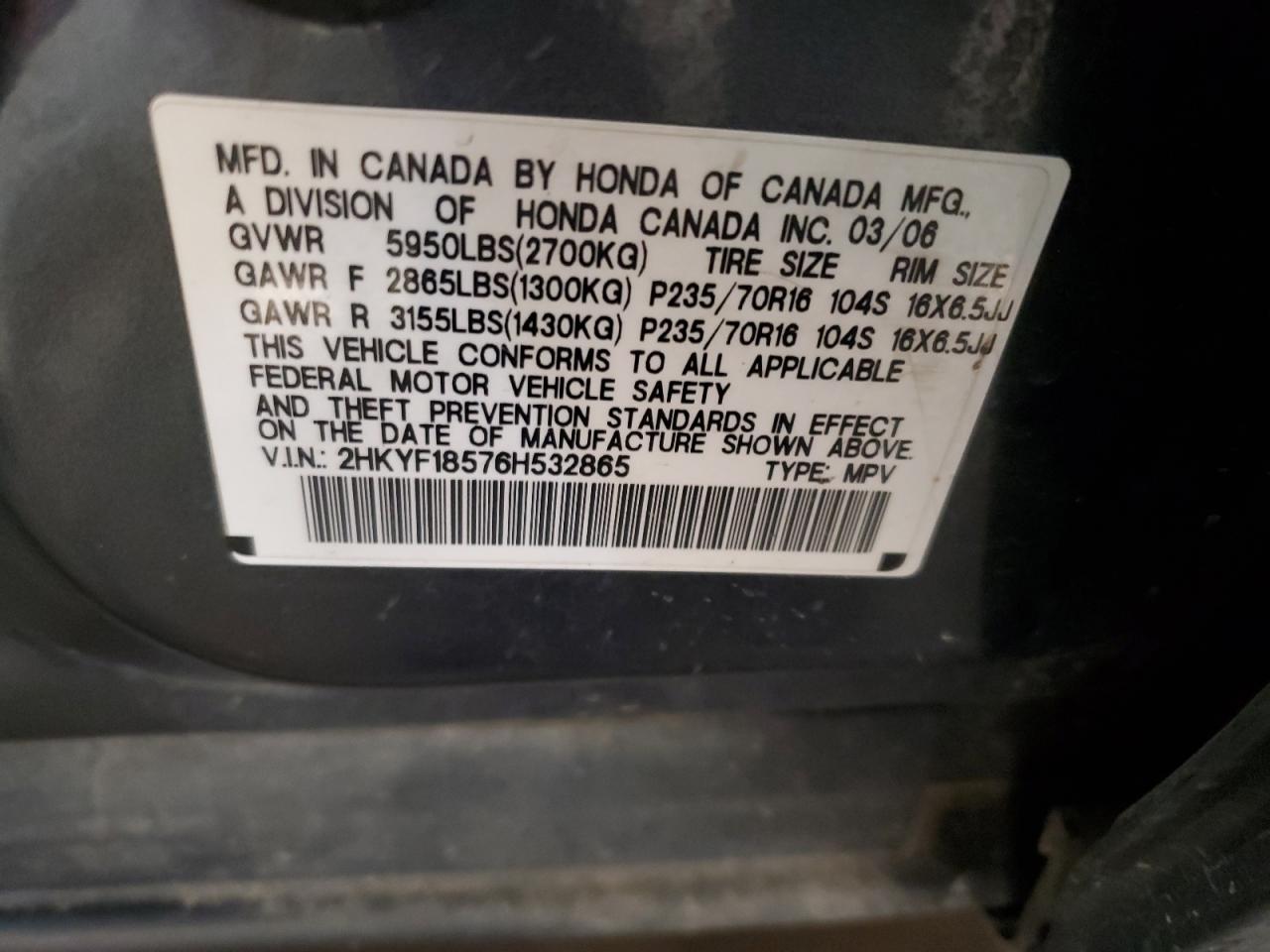 2006 Honda Pilot Ex VIN: 2HKYF18576H532865 Lot: 62982874