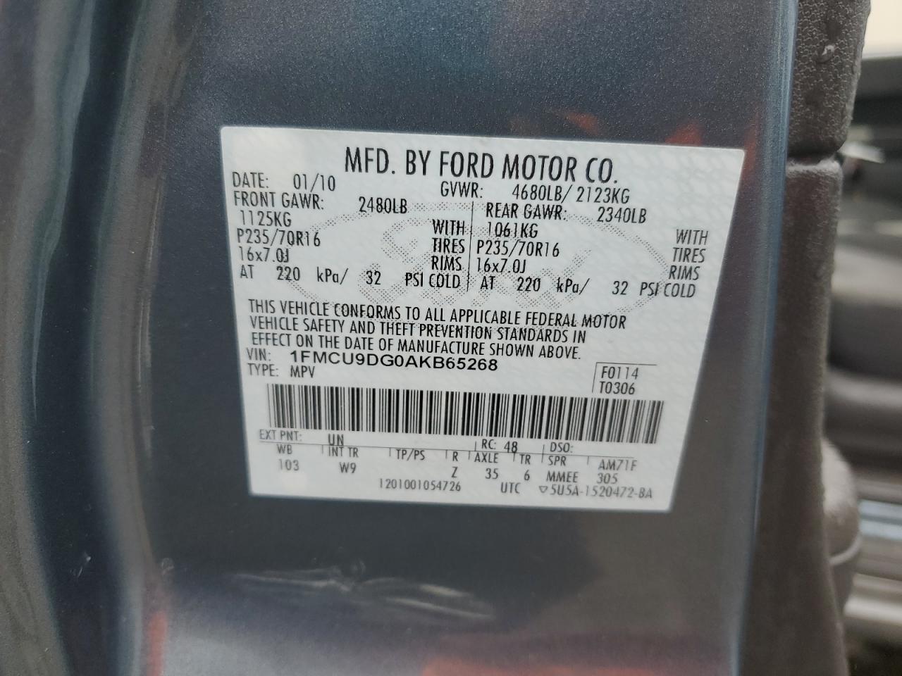 2010 Ford Escape Xlt VIN: 1FMCU9DG0AKB65268 Lot: 64573464