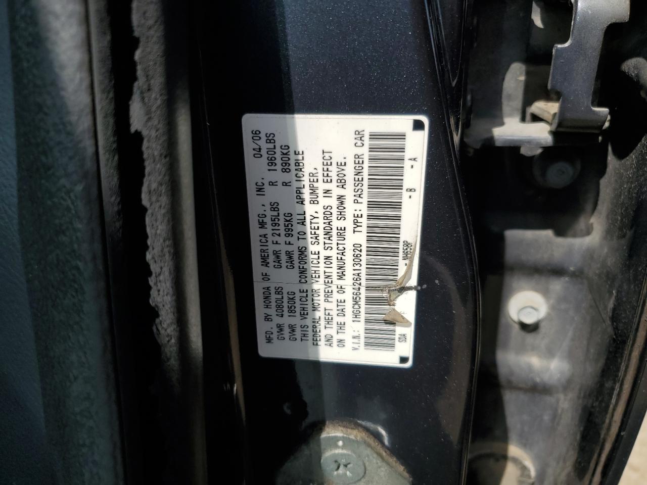 2006 Honda Accord Lx VIN: 1HGCM56426A130620 Lot: 63902164