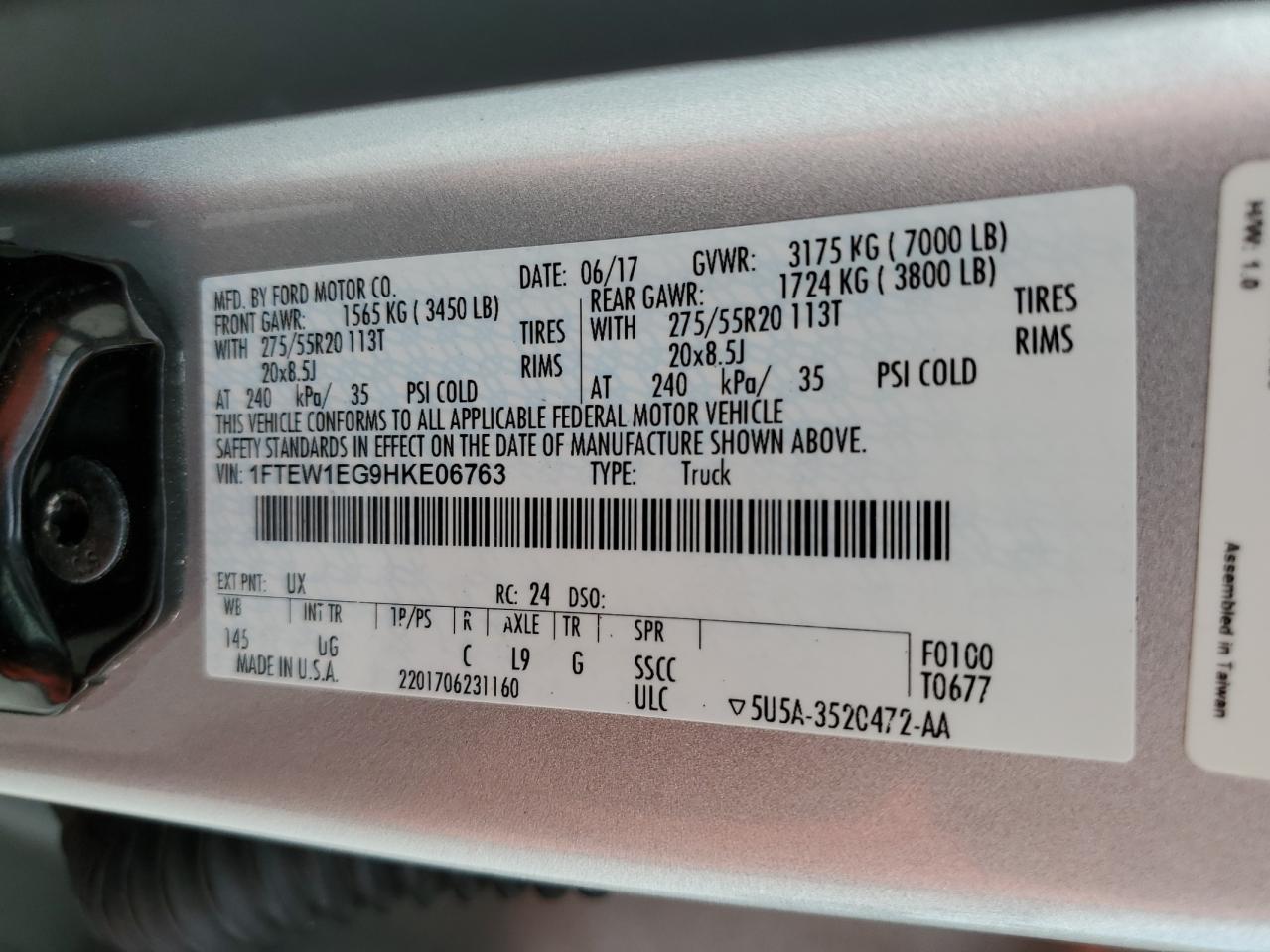 2017 Ford F150 Supercrew VIN: 1FTEW1EG9HKE06763 Lot: 64146434