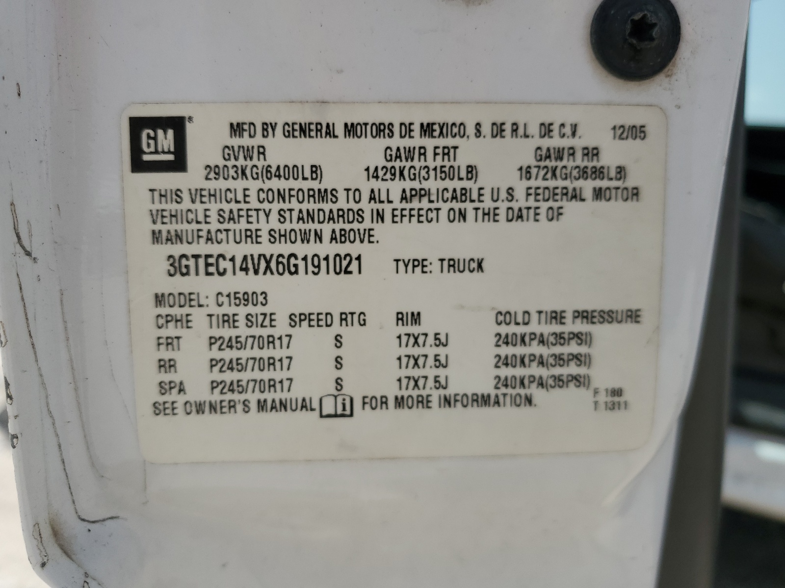 3GTEC14VX6G191021 2006 GMC New Sierra C1500