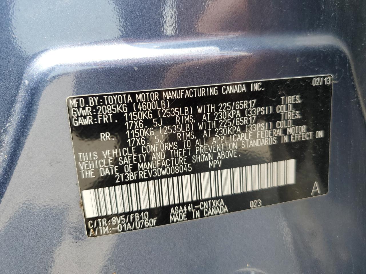 2013 Toyota Rav4 Le VIN: 2T3BFREV3DW008045 Lot: 63142834