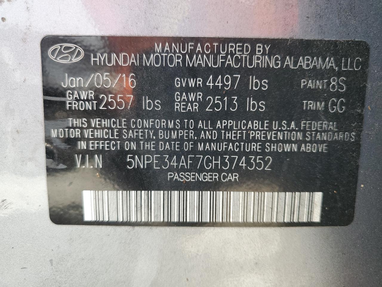 5NPE34AF7GH374352 2016 Hyundai Sonata Sport