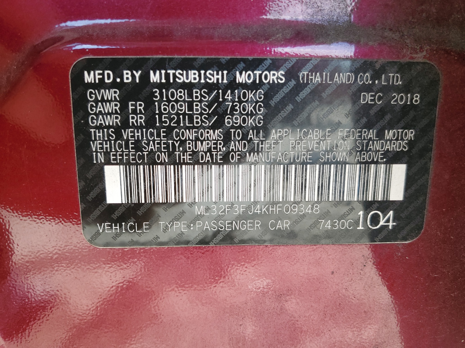 ML32F3FJ4KHF09348 2019 Mitsubishi Mirage G4 Es