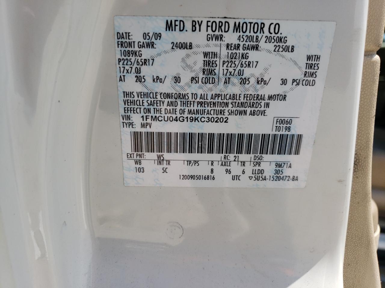 2009 Ford Escape Limited VIN: 1FMCU04G19KC30202 Lot: 63272294