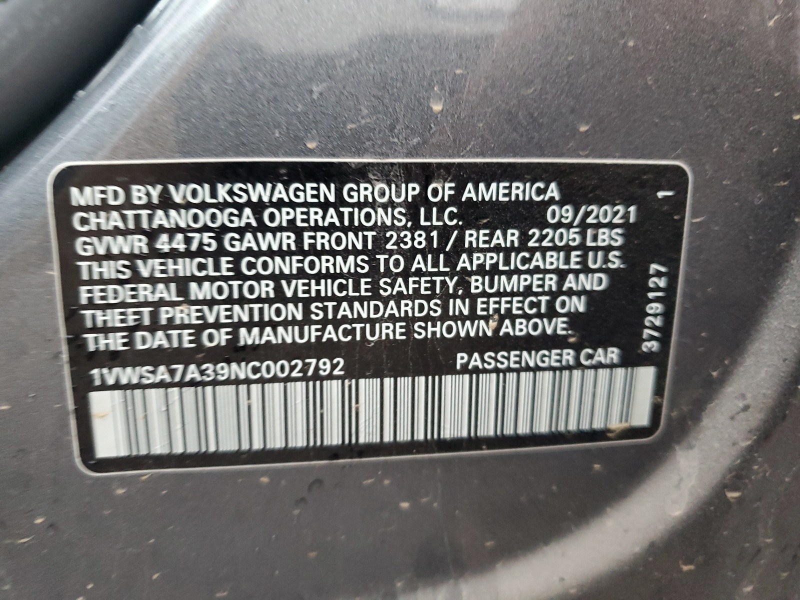 2022 Volkswagen Passat Se vin: 1VWSA7A39NC002792