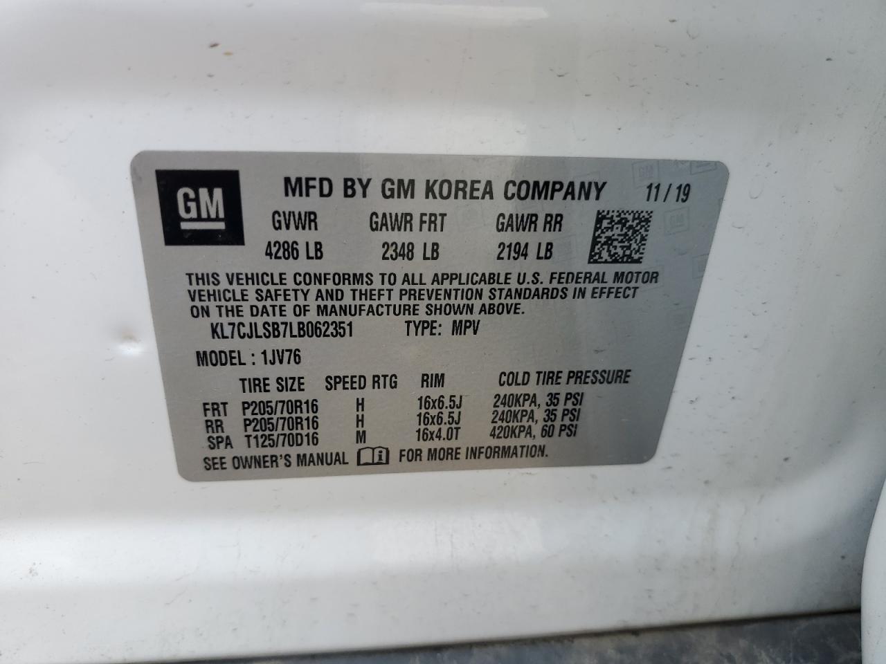 2020 Chevrolet Trax 1Lt VIN: KL7CJLSB7LB062351 Lot: 63697684