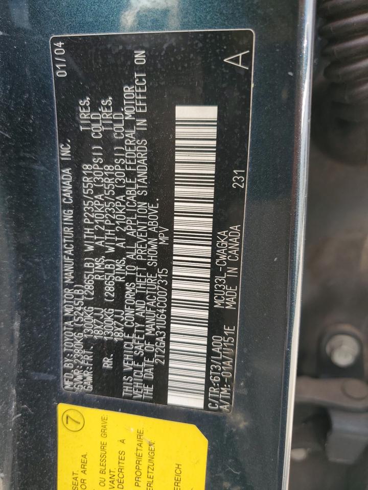 2004 Lexus Rx 330 VIN: 2T2GA31U64C007315 Lot: 63406704