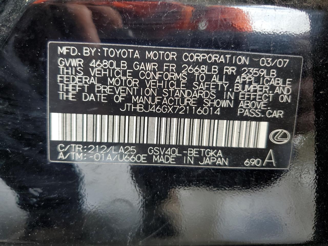 2007 Lexus Es 350 VIN: JTHBJ46GX72116014 Lot: 64441314