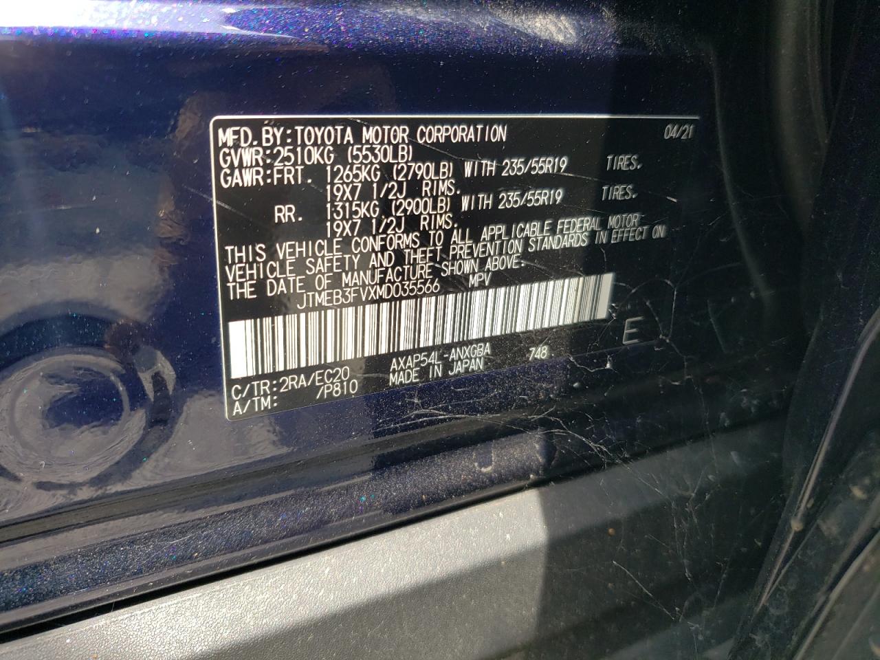 2021 Toyota Rav4 Prime Xse VIN: JTMEB3FVXMD035566 Lot: 65123564