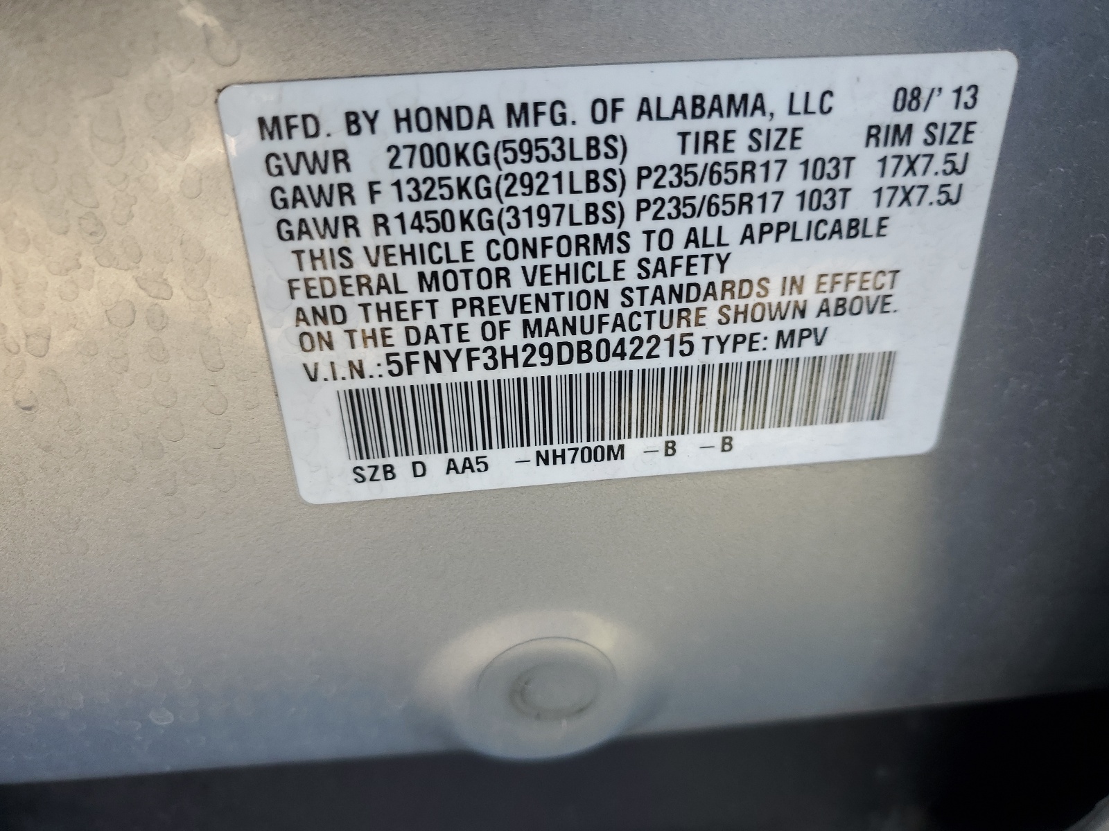 5FNYF3H29DB042215 2013 Honda Pilot Lx