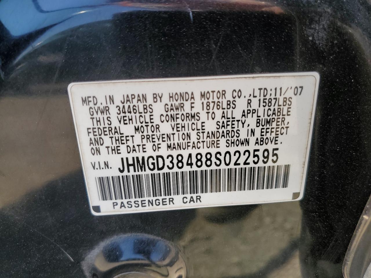 2008 Honda Fit VIN: JHMGD38488S022595 Lot: 62384904