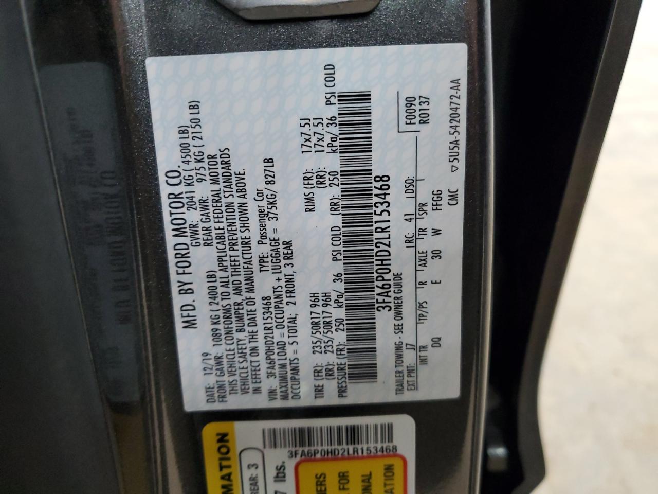 Auction sale of the 2020 FORD FUSION , vin: 3FA6P0HD2LR153468, lot number: 63214464