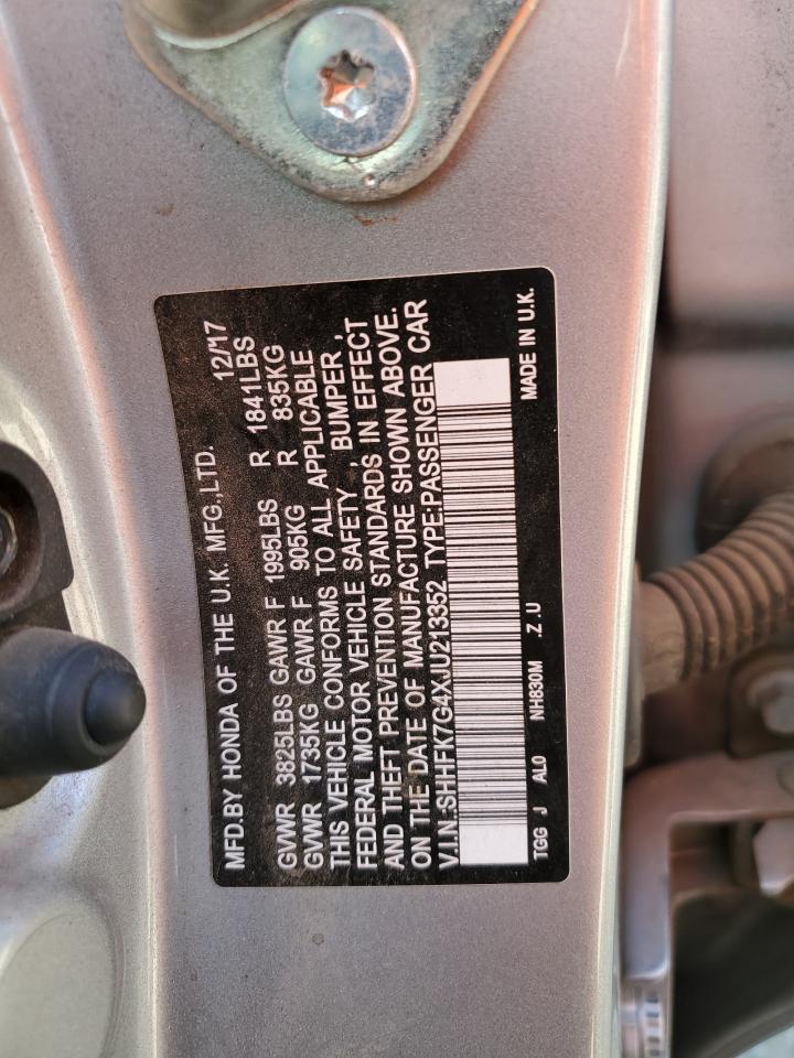 2018 Honda Civic Sport VIN: SHHFK7G4XJU213352 Lot: 64866974