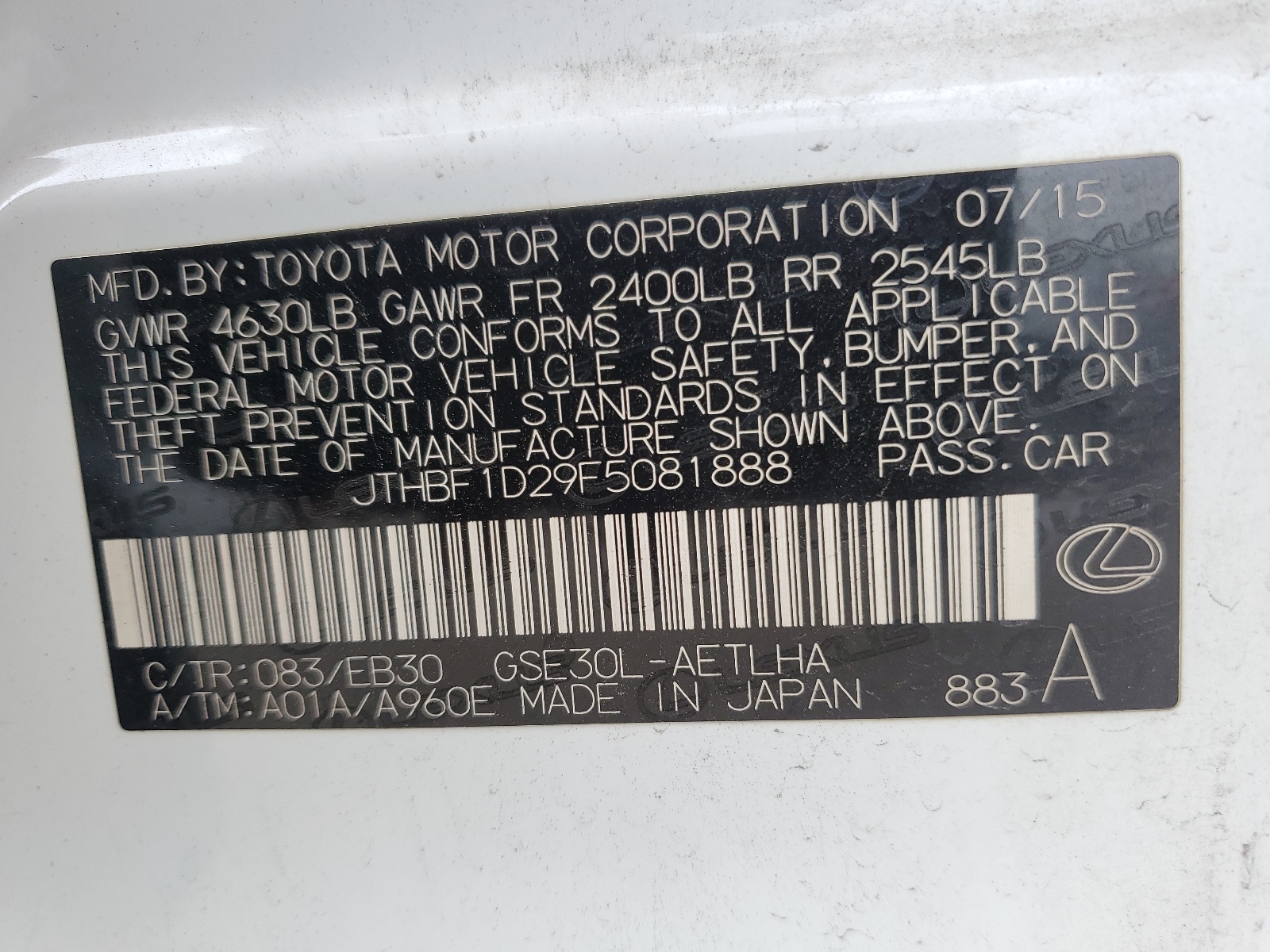 JTHBF1D29F5081888 2015 Lexus Is 250