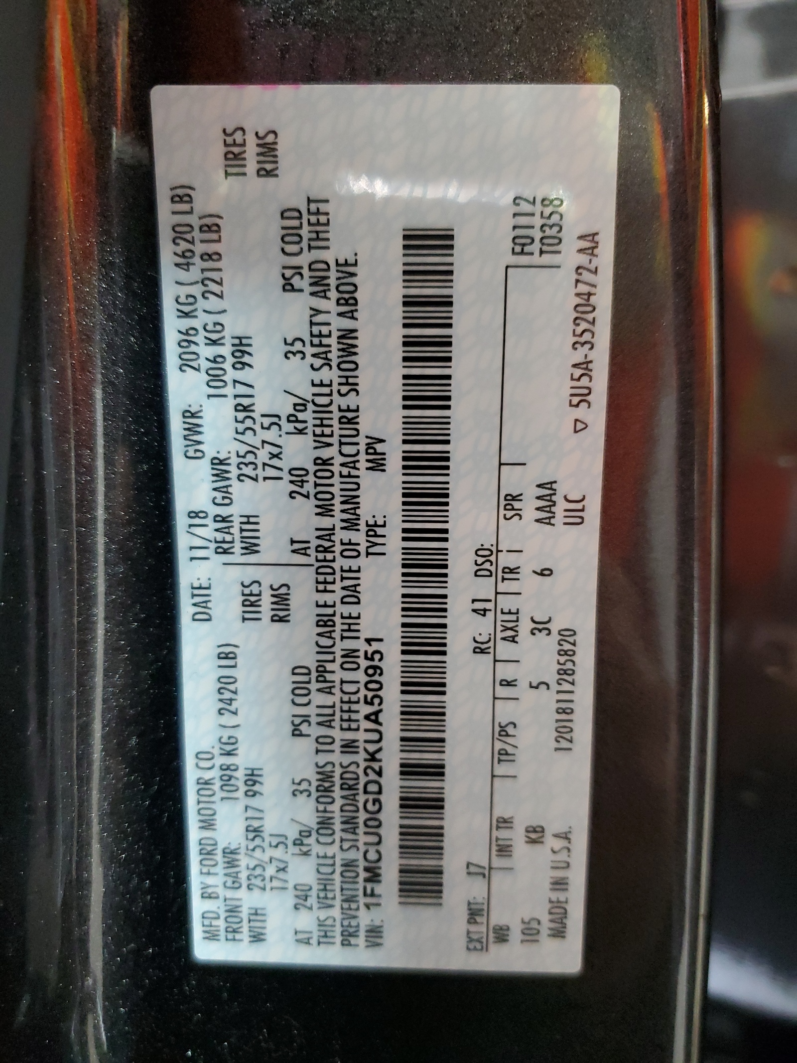 1FMCU0GD2KUA50951 2019 Ford Escape Se