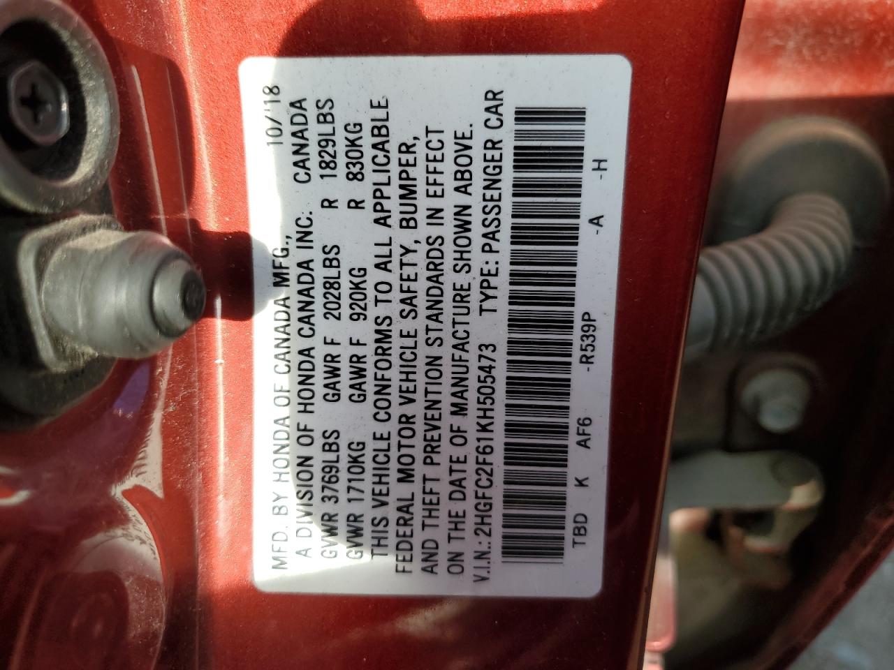 2HGFC2F61KH505473 2019 HONDA CIVIC - Image 12