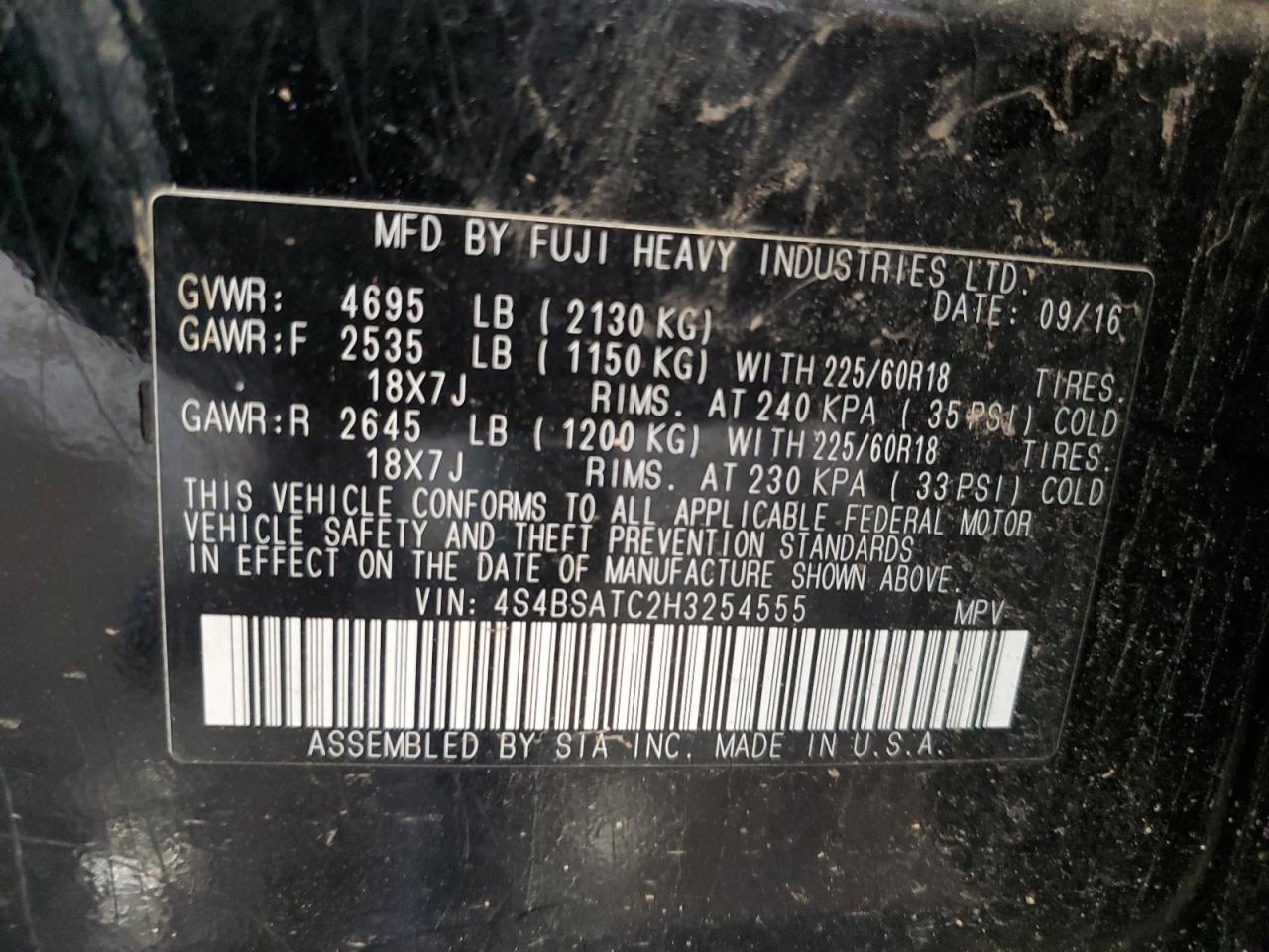 2017 Subaru Outback Touring VIN: 4S4BSATC2H3254555 Lot: 62474344