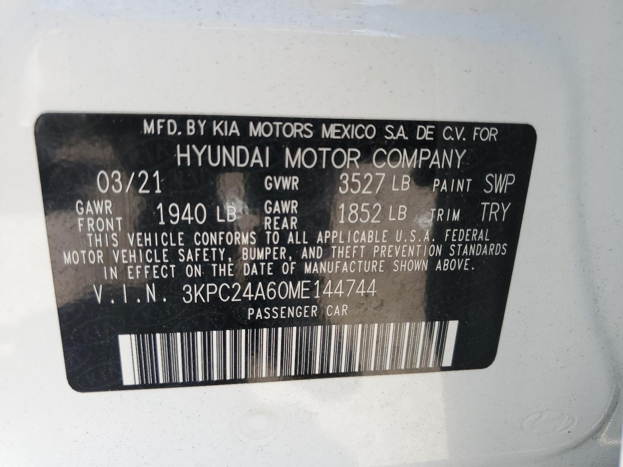 2021 Hyundai Accent Se VIN: 3KPC24A60ME144744 Lot: 63628244