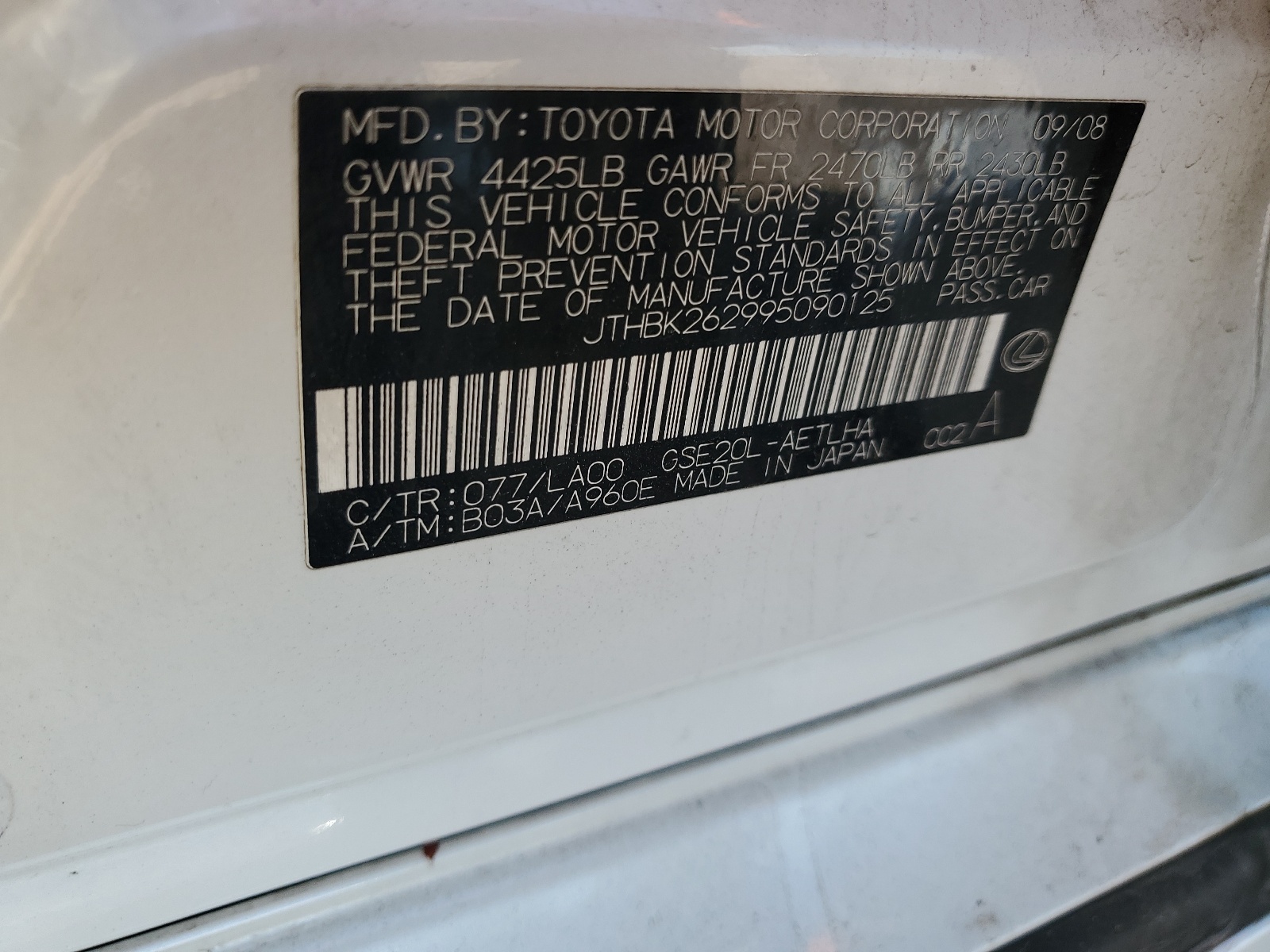 JTHBK262995090125 2009 Lexus Is 250