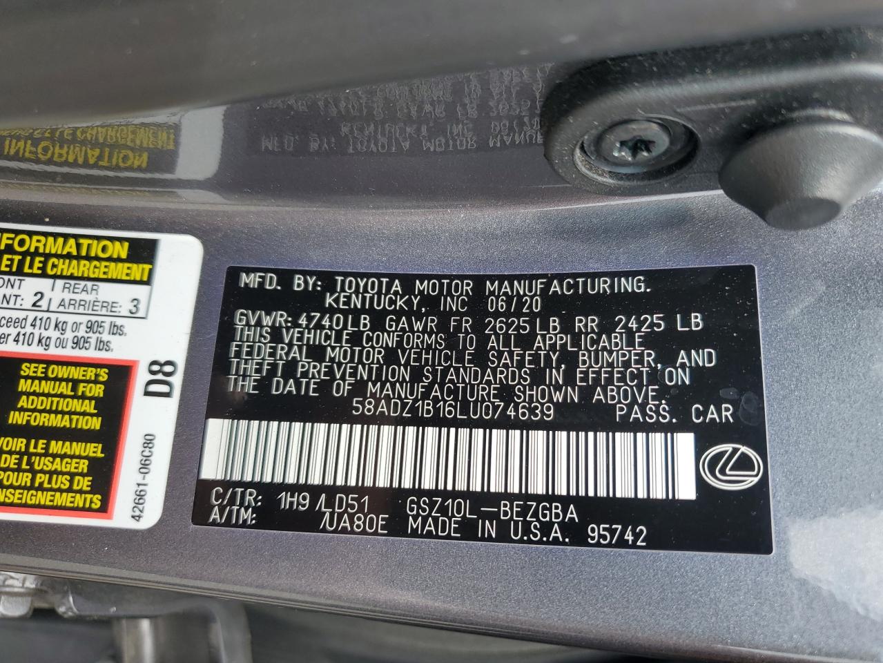 2020 Lexus Es 350 VIN: 58ADZ1B16LU074639 Lot: 65308304