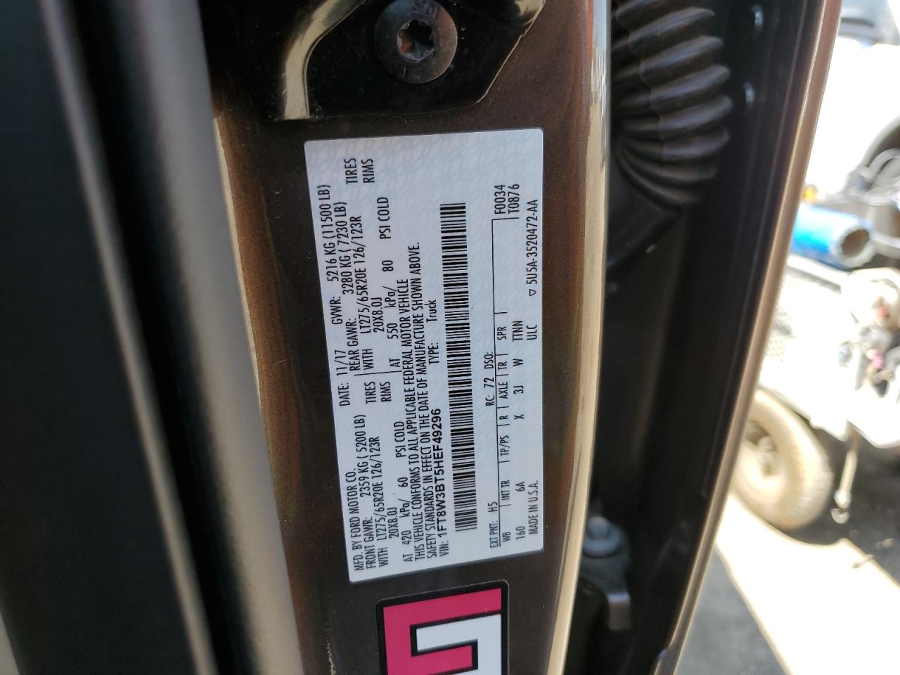 2017 Ford F350 Super Duty VIN: 1FT8W3BT5HEF49296 Lot: 65657904