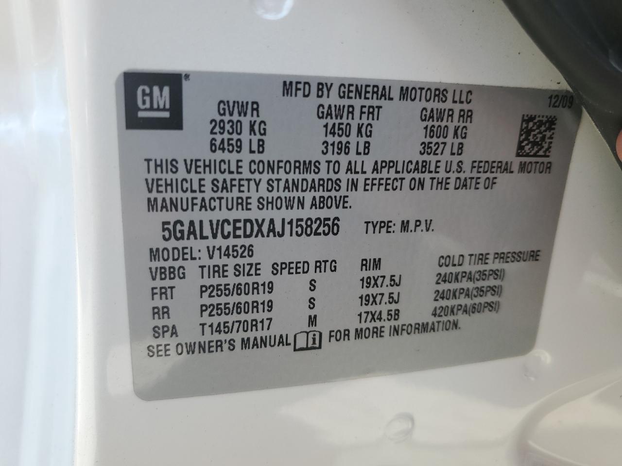 2010 Buick Enclave Cxl VIN: 5GALVCEDXAJ158256 Lot: 62501744