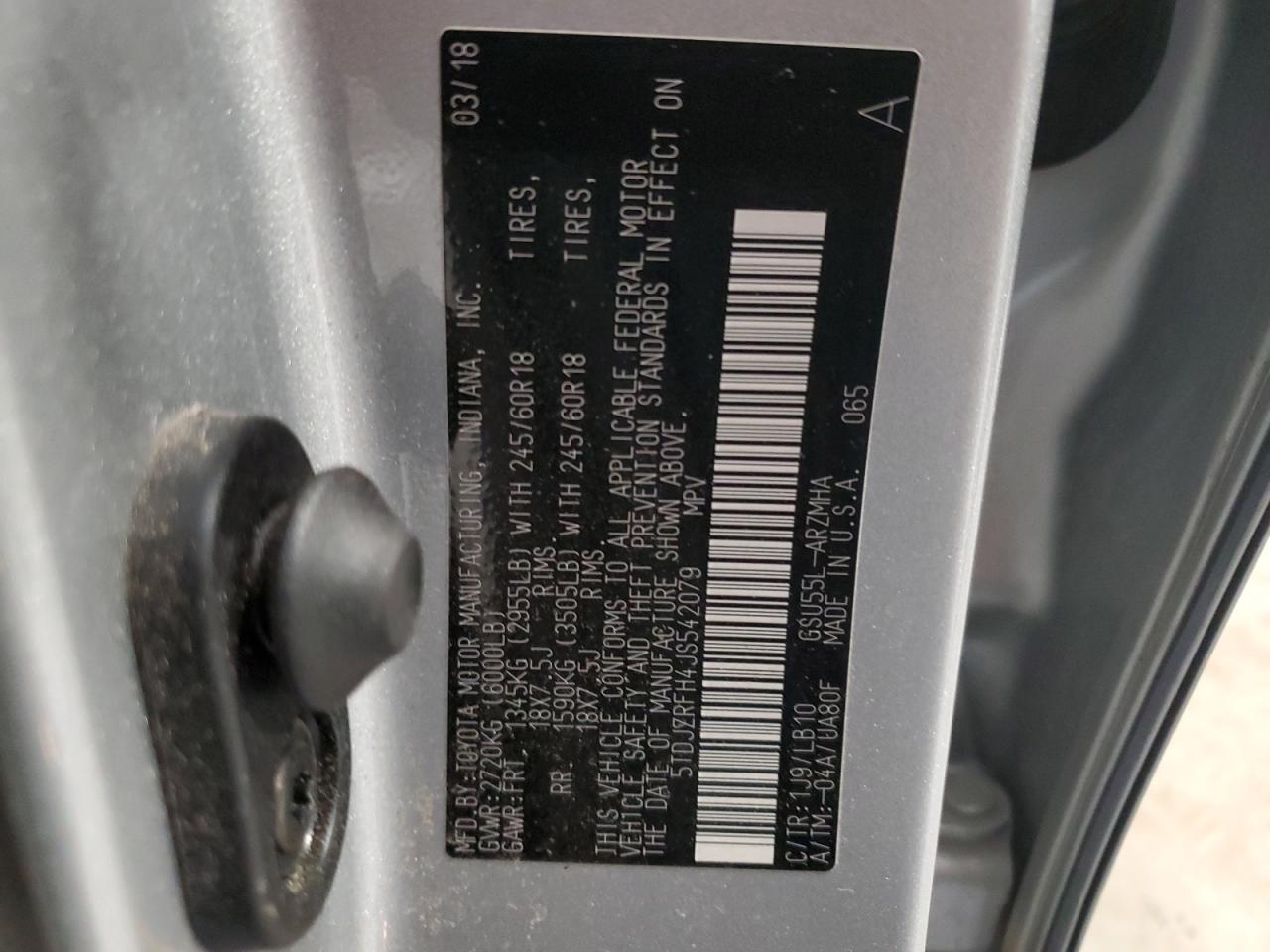 2018 Toyota Highlander Se VIN: 5TDJZRFH4JS542079 Lot: 63827044