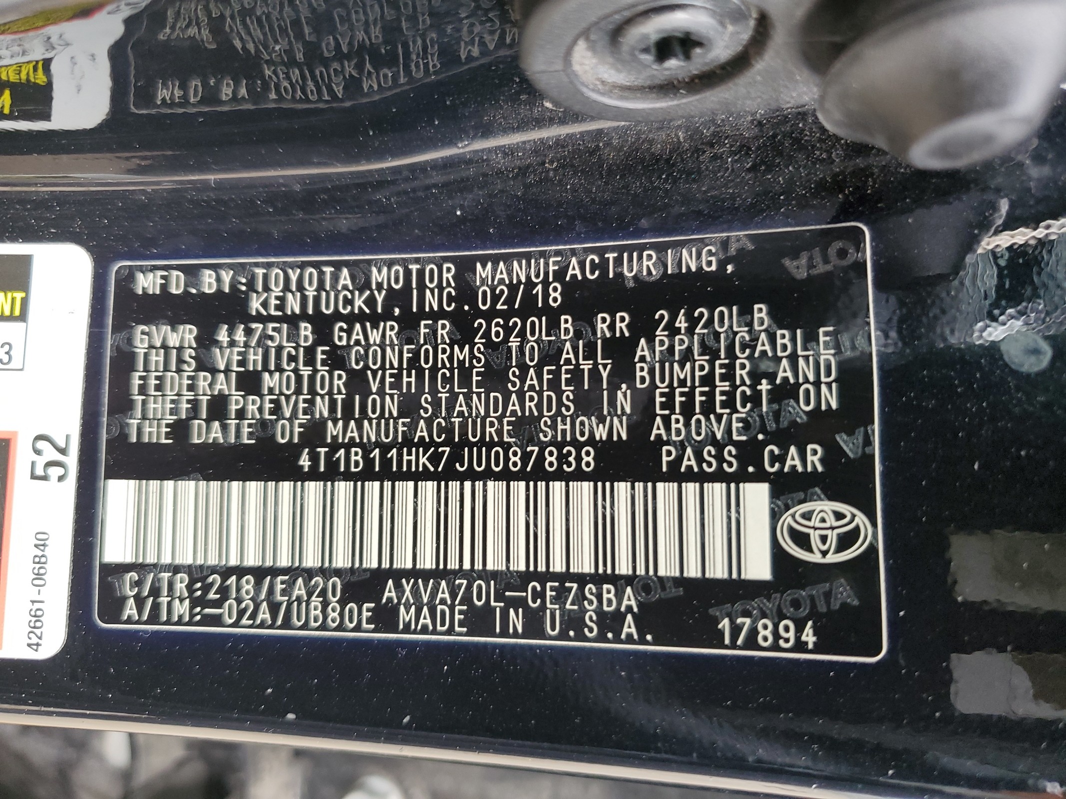 2018 Toyota Camry L vin: 4T1B11HK7JU087838