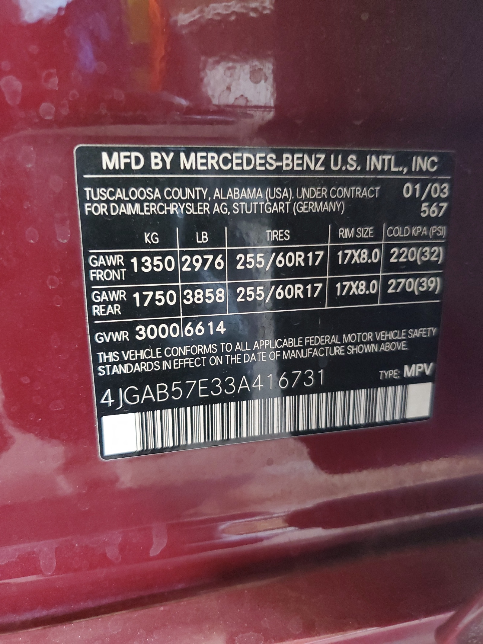 4JGAB57E33A416731 2003 Mercedes-Benz Ml 350