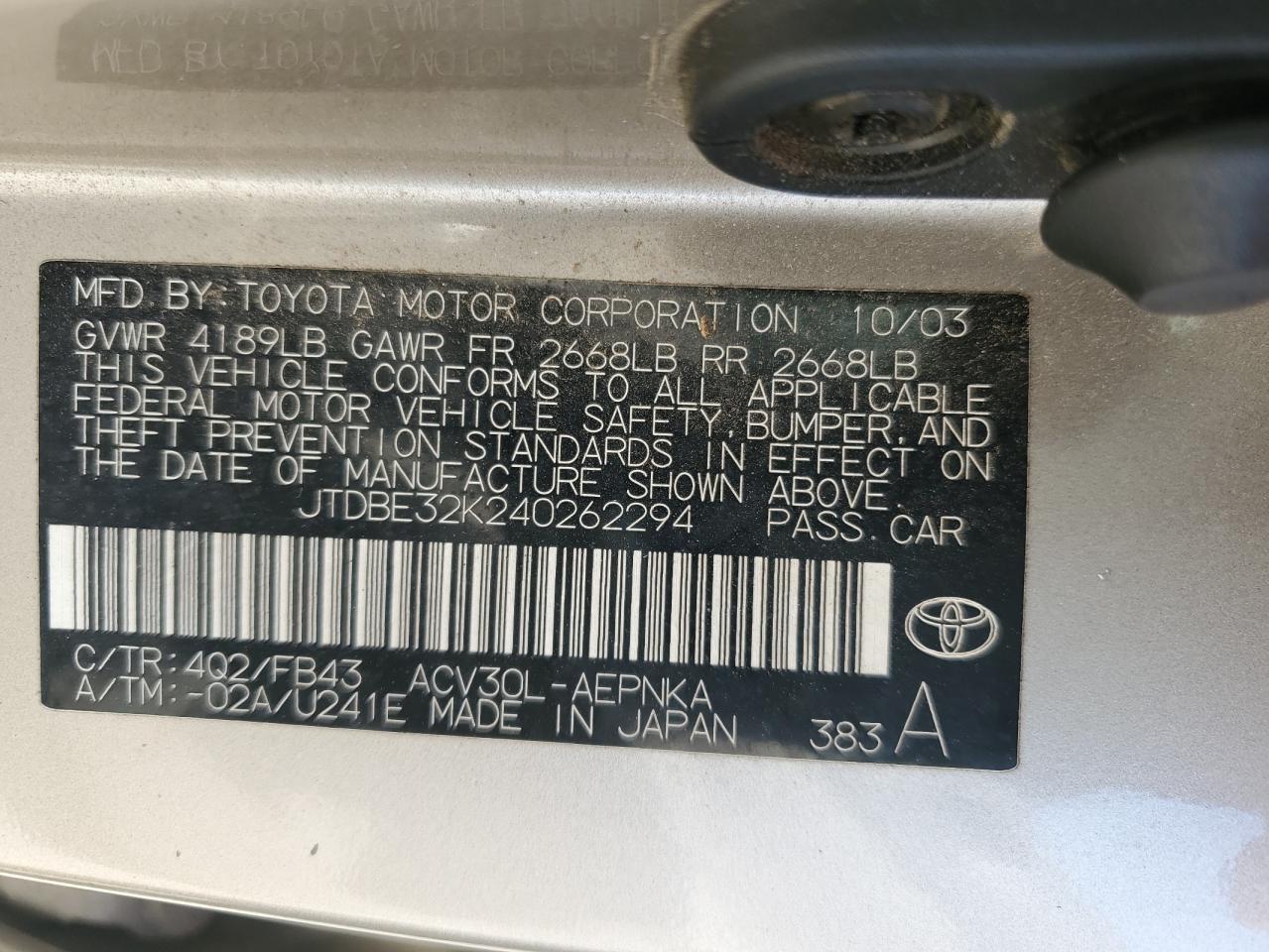 2004 Toyota Camry Le VIN: JTDBE32K240262294 Lot: 63179744