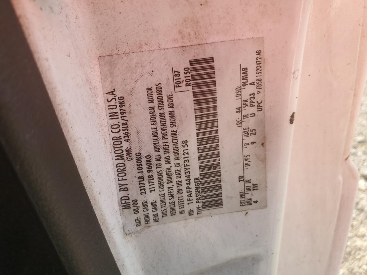 2000 Ford Mustang VIN: 1FAFP4443YF312158 Lot: 64603374