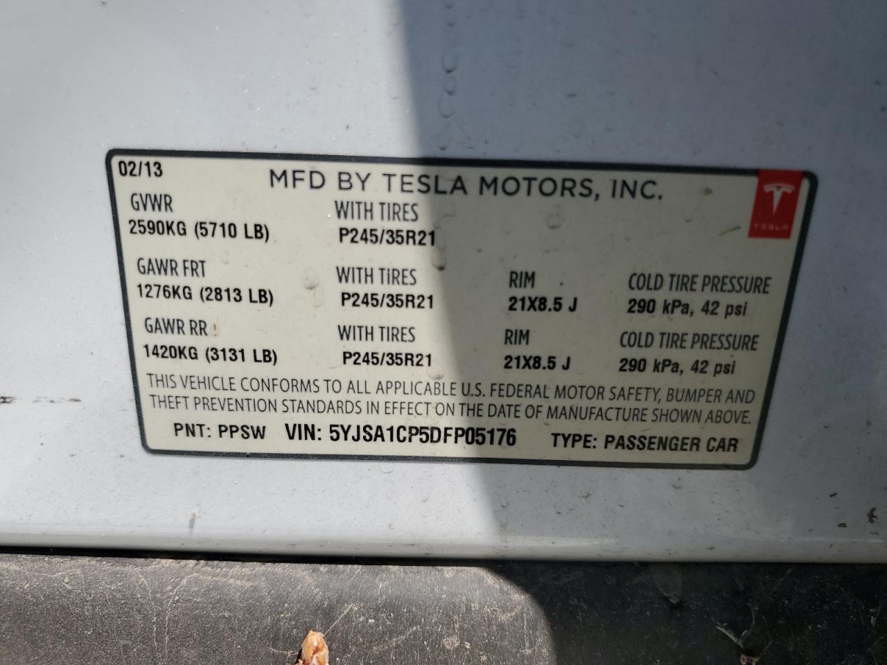 2013 Tesla Model S VIN: 5YJSA1CP5DFP05176 Lot: 63481804