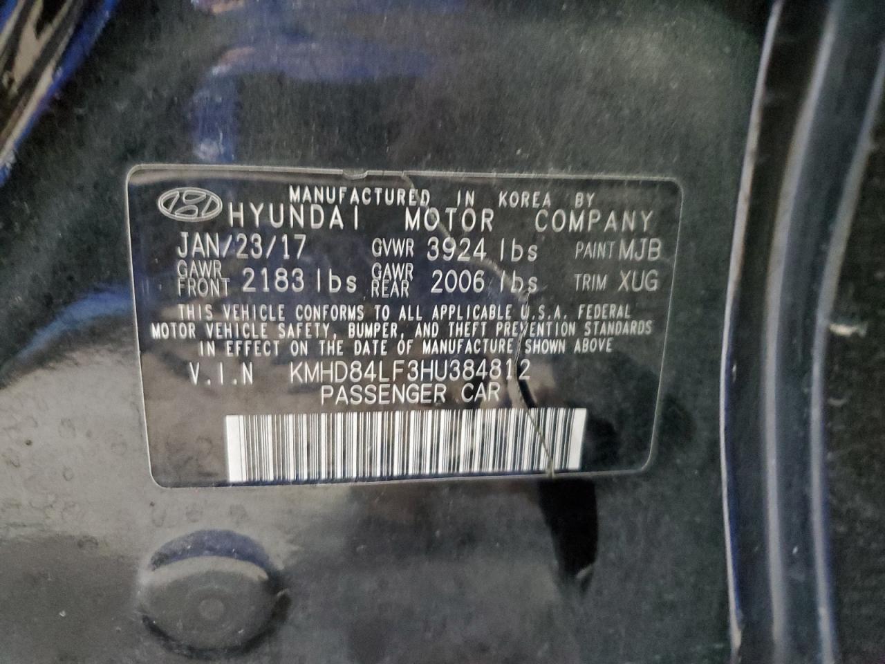 2017 Hyundai Elantra Se VIN: KMHD84LF3HU384812 Lot: 65602204