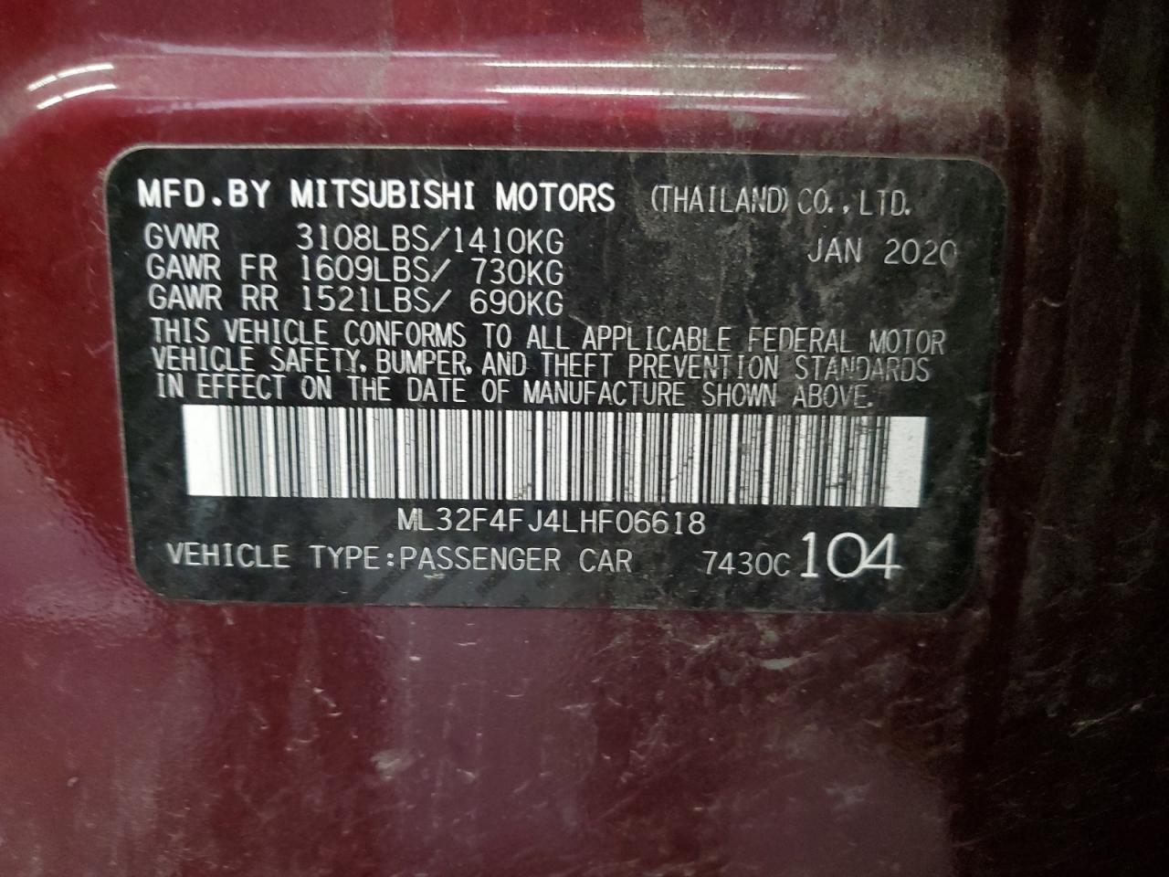 2020 Mitsubishi Mirage G4 Se VIN: ML32F4FJ4LHF06618 Lot: 61709984