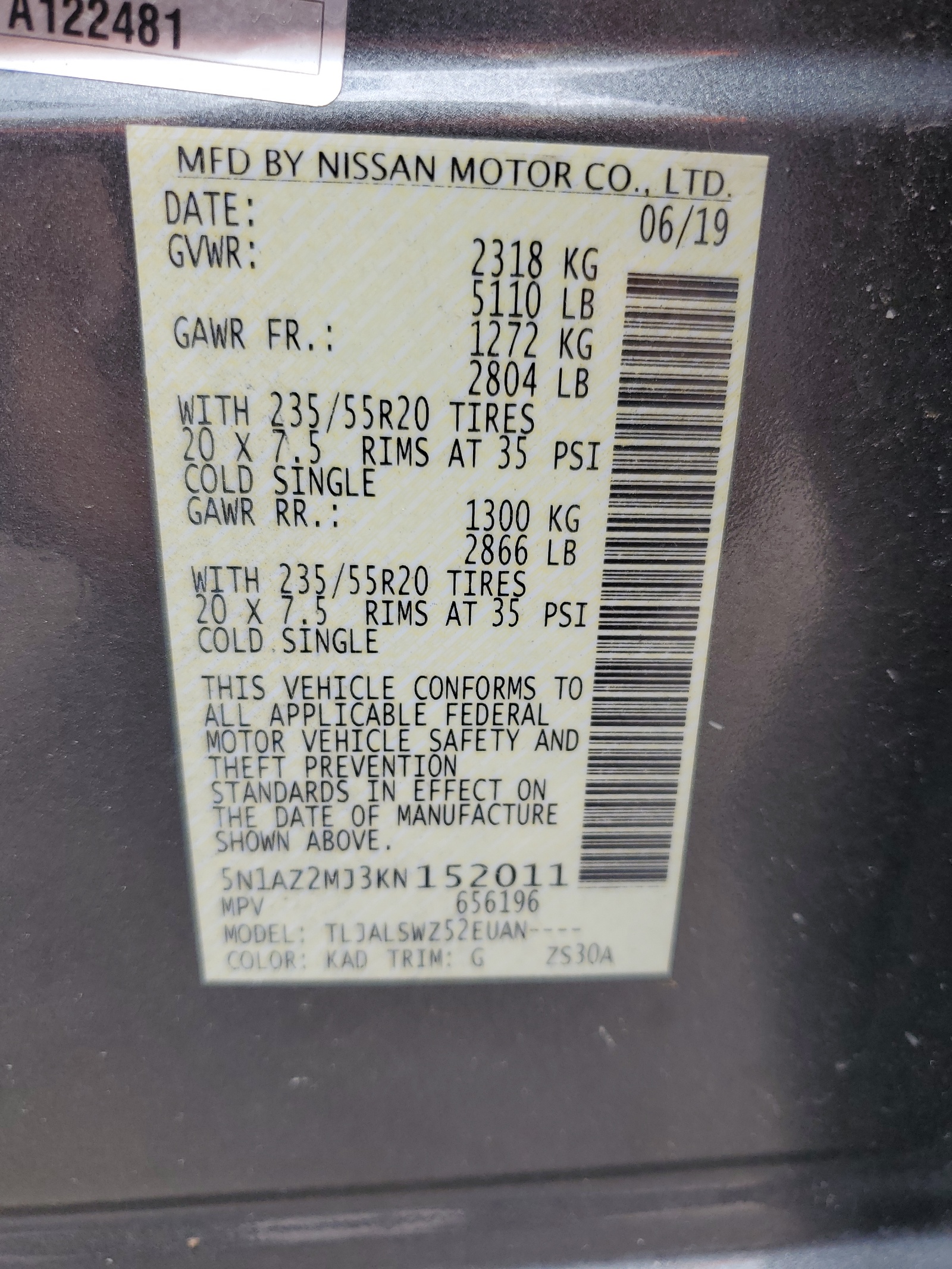 5N1AZ2MJ3KN152011 2019 Nissan Murano S