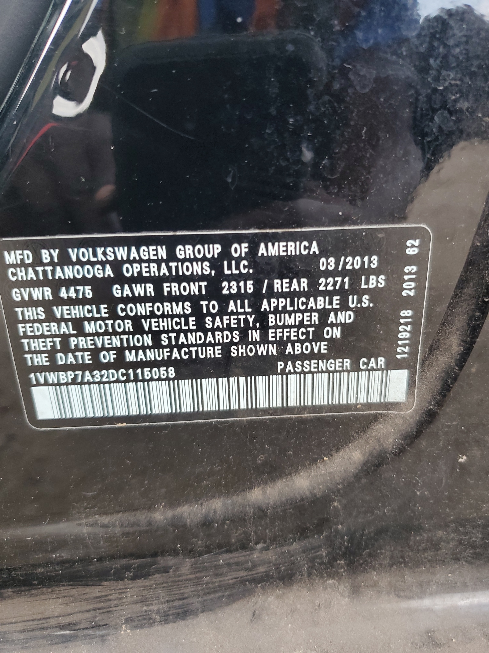 1VWBP7A32DC115058 2013 Volkswagen Passat Se