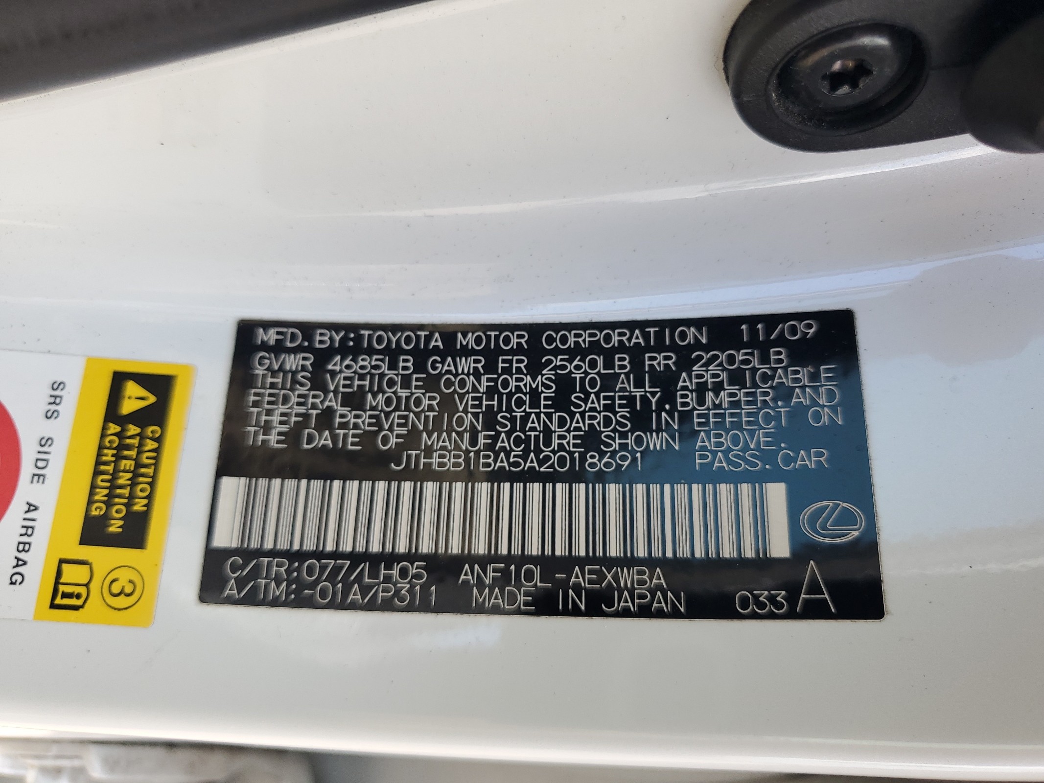 JTHBB1BA5A2018691 2010 Lexus Hs 250H