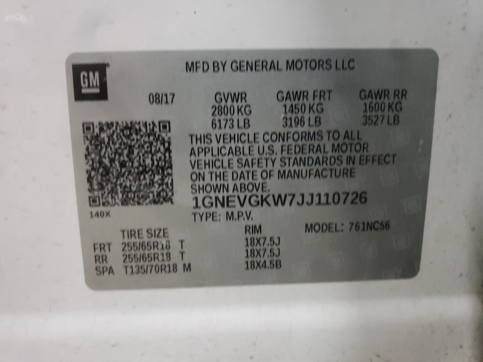 1GNEVGKW7JJ110726 2018 Chevrolet Traverse Lt