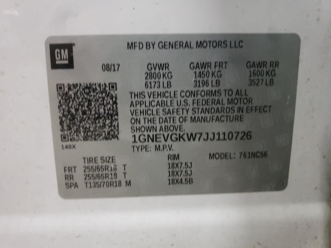 2018 Chevrolet Traverse Lt VIN: 1GNEVGKW7JJ110726 Lot: 64338324