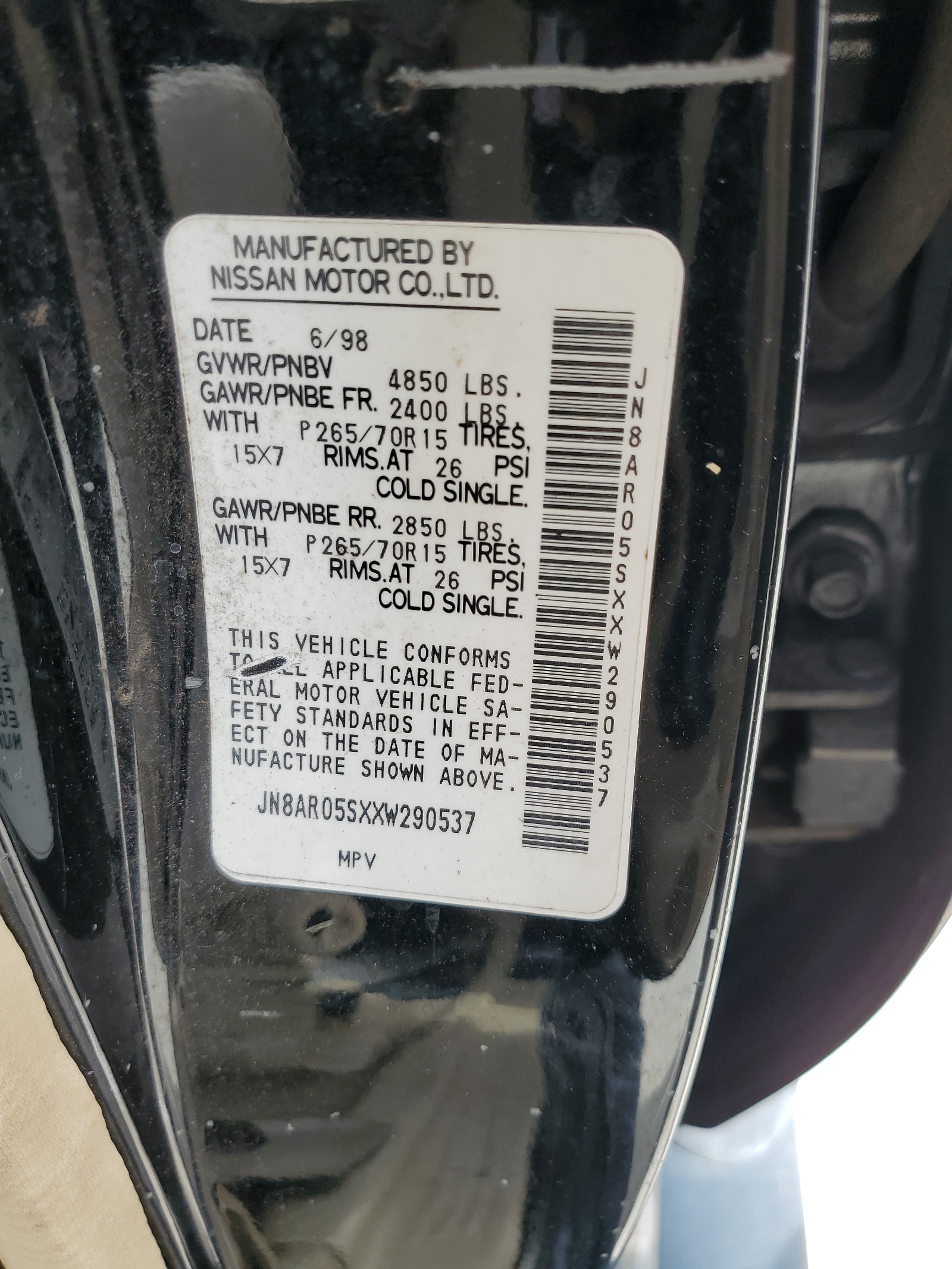 JN8AR05SXXW290537 1999 Nissan Pathfinder Xe