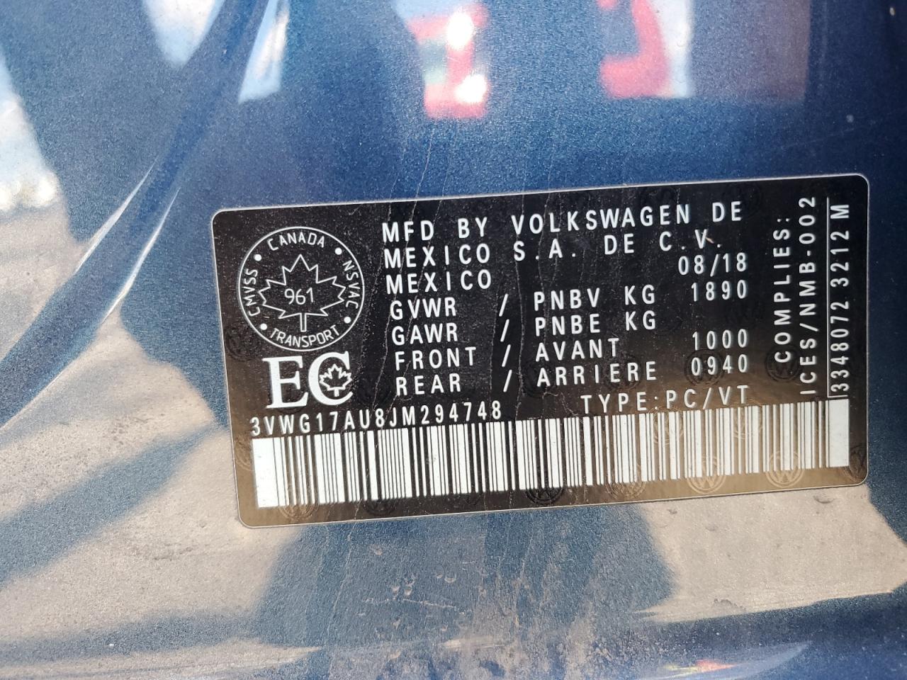 2018 Volkswagen Golf S VIN: 3VWG17AU8JM294748 Lot: 88519795