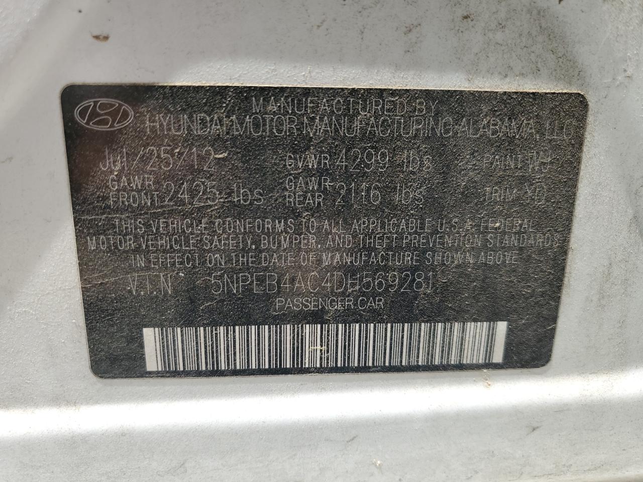 2013 Hyundai Sonata Gls VIN: 5NPEB4AC4DH569281 Lot: 65333764