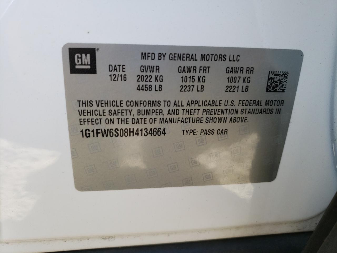 2017 Chevrolet Bolt Ev Lt VIN: 1G1FW6S08H4134664 Lot: 64076564