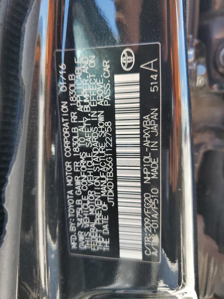 2016 Toyota Prius C VIN: JTDKDTB36G1122758 Lot: 60864794